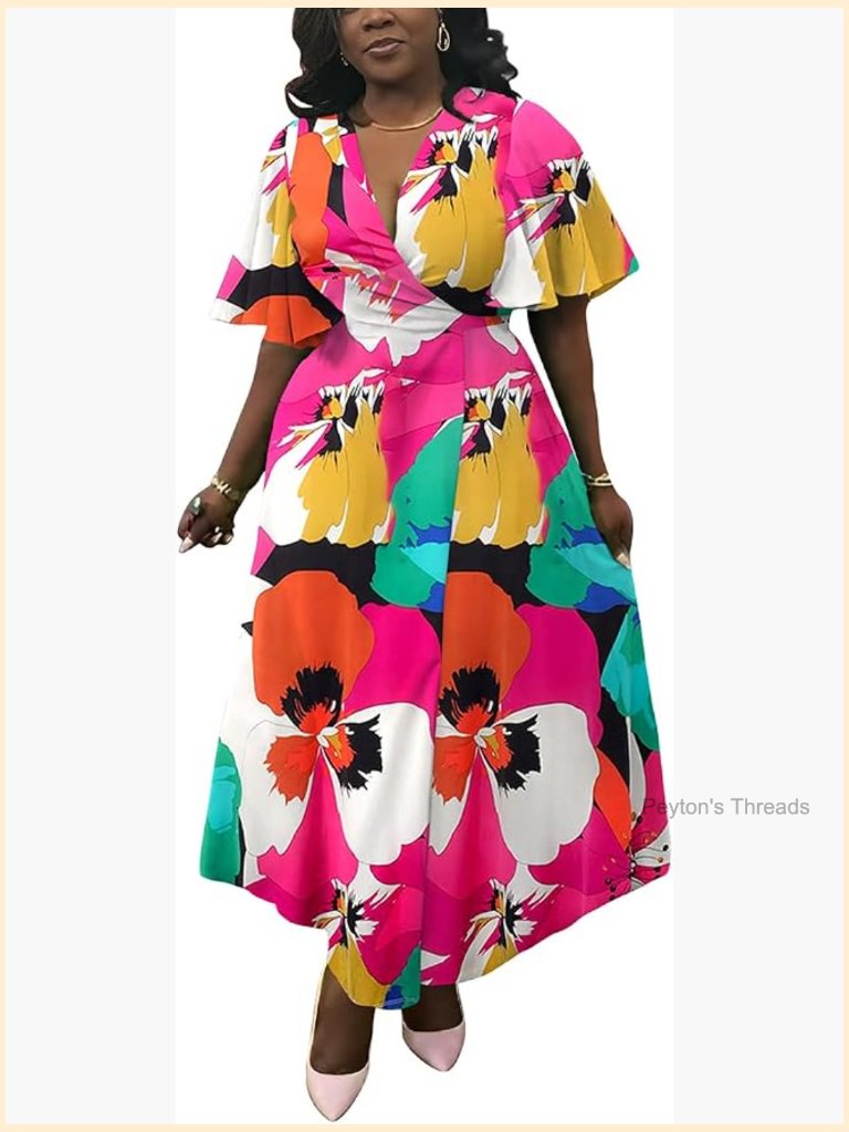 Women's Casual Maxi Dress V-Neck Short Ruffle Sleeve A-Line Swing Split